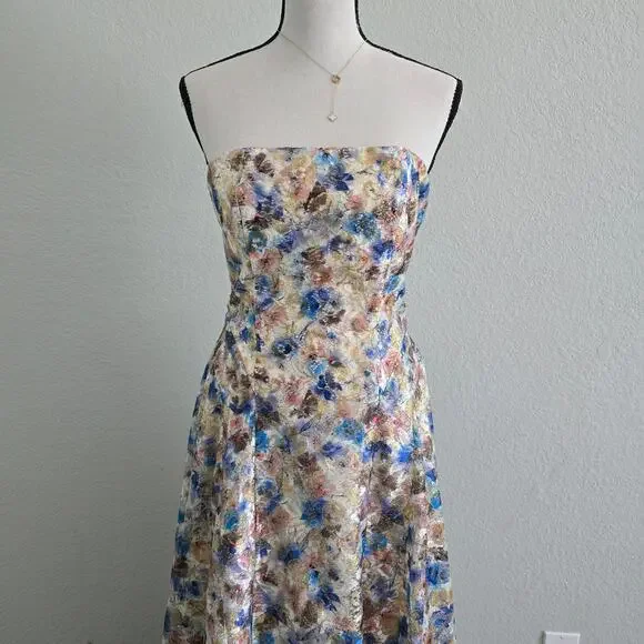 Alice + Olivia Strapless Floral Gown Dress Sz 4 Metallic Formal Evening Wedding - Picture 4 of 14